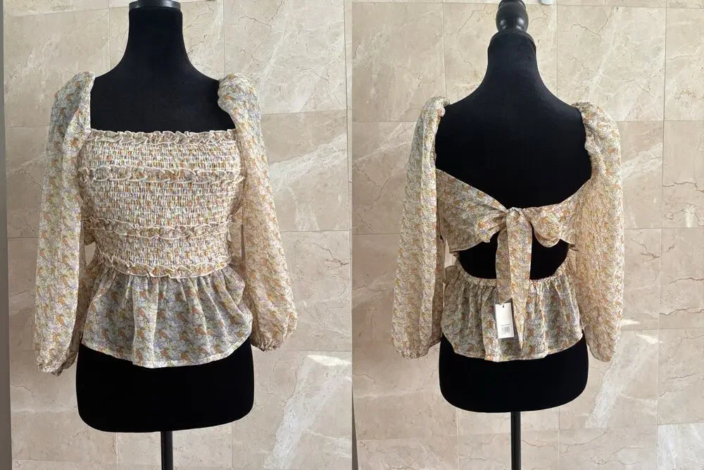 ASTR Smocked Tie-Back Peasant Top — S Orange Purple Puff-Sleeve Cottage Boho